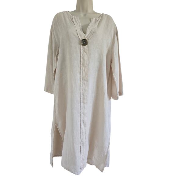 Womens Cotton Linen Kaftan Dress Coverup with Button Natural Size M/L Lagenlook - Picture 2 of 9